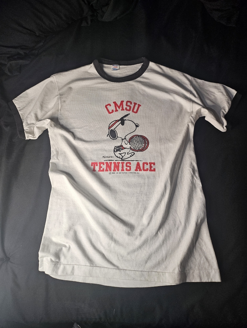 Champion White Ringer Tee with Red CMSU Peanuts Snoopy Tennis Ace Graphic